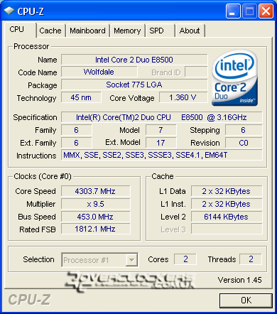 CPUZ: разгон Core 2 Duo E8500