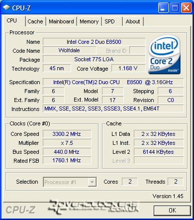 CPUZ: разгон Core 2 Duo E8500 до 3,3 ГГц