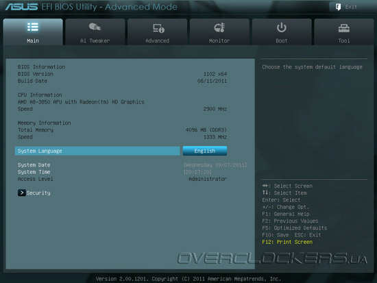 UEFI Setup ASUS F1A75-V PRO