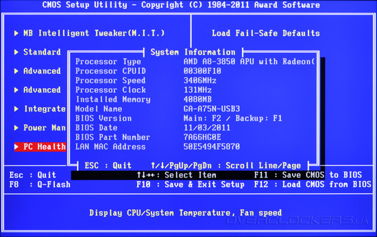 BIOS Setup Gigabyte GA-A75N-USB3