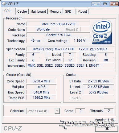 CPU-Z: разгон Core 2 Duo E7200 до 3230 МГц