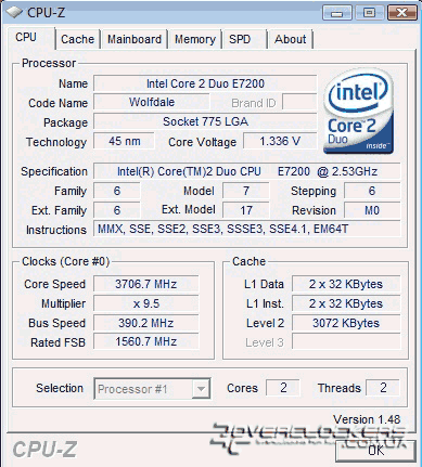 CPU-Z: разгон Core 2 Duo E7200 до 3706 МГц