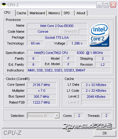 Скриншот CPUZ: частота FSB 305 МГц