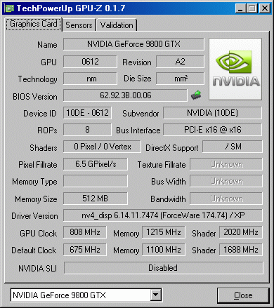 Gainward Bliss 9800 GTX GPU-Z