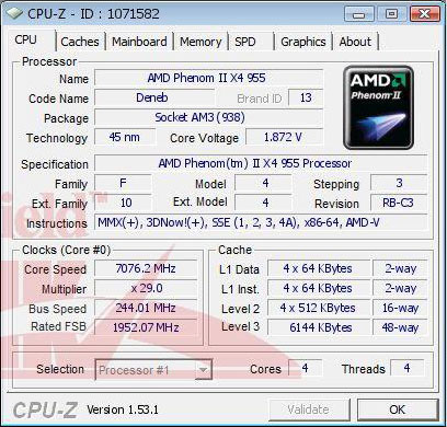 Phenom II X4 955 BE разогнан до 7076 МГц