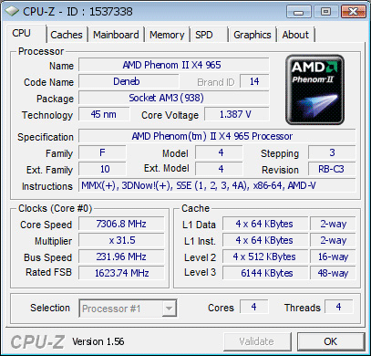 Phenom II X4 965 BE 7306 МГц