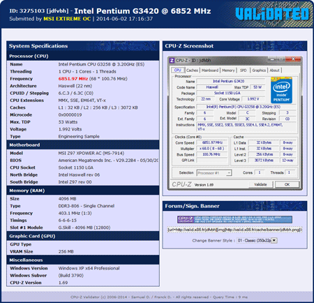 Pentium G3258 разогнан до 6,85 ГГц