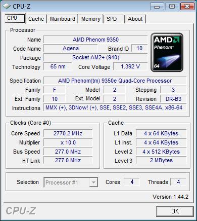 Разгон AMD Phenom X4 9350e - скриншот CPU-Z