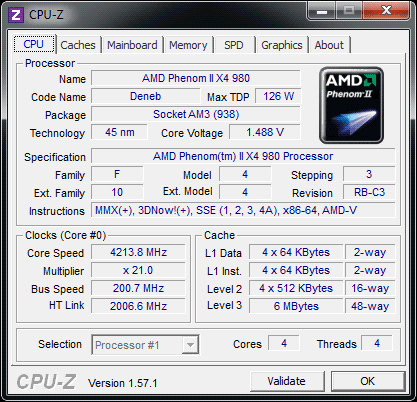 Процессор AMD Phenom II X4 980 BE - CPU-Z