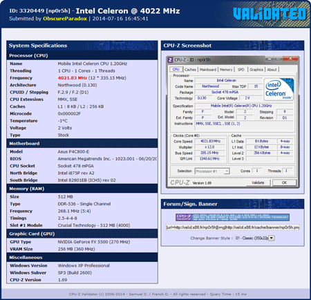 мобильный Celeron разогнан с 1200 до 4021 МГц