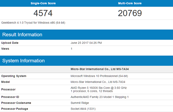 Ryzen 5 1600X Geekbench