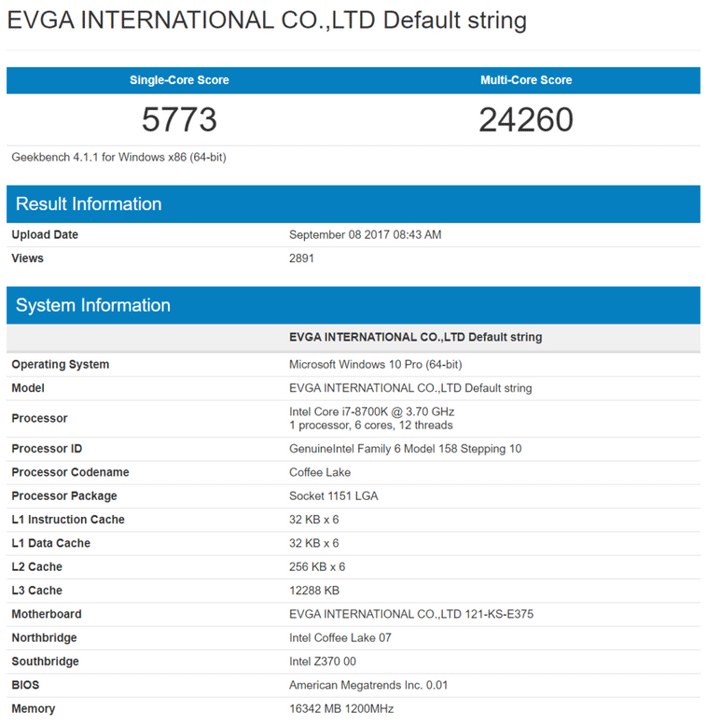 Intel Core i7-8700K в Geekbench