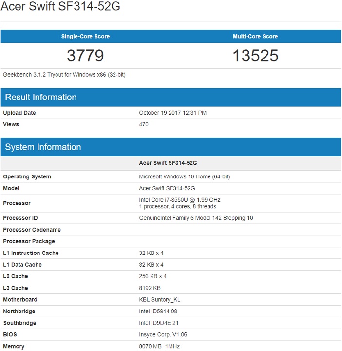 Intel Core i7-8550U в Geekbench