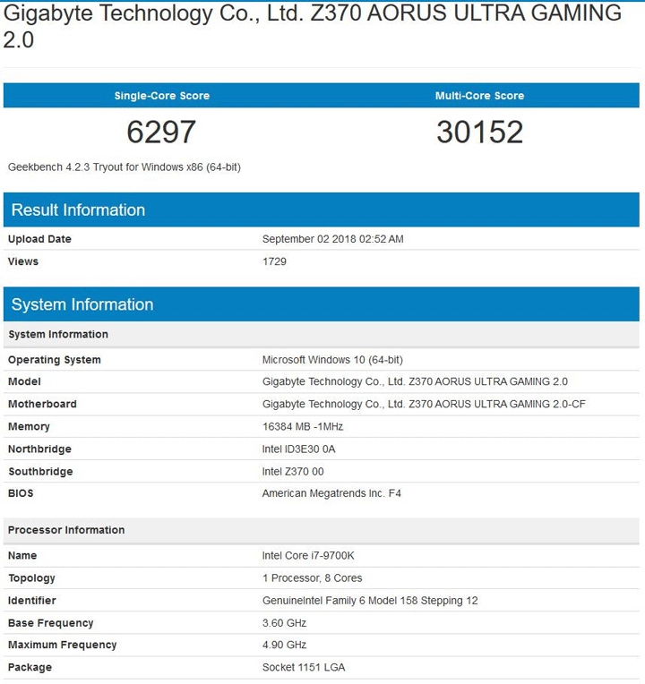 Intel Core i7-9700K в Geekbench 4