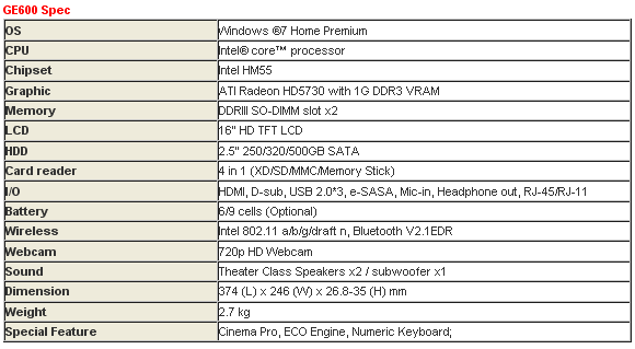 ноутбук MSI GE600 спецификации