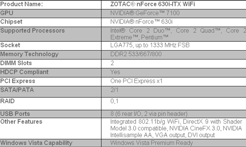 ZOTAC nForce 630i-ITX WiFi спецификации