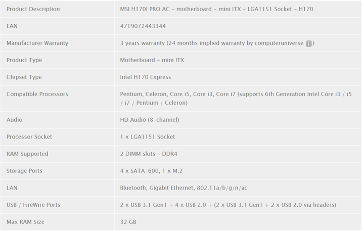 Материнская плата MSI H170I PRO AC