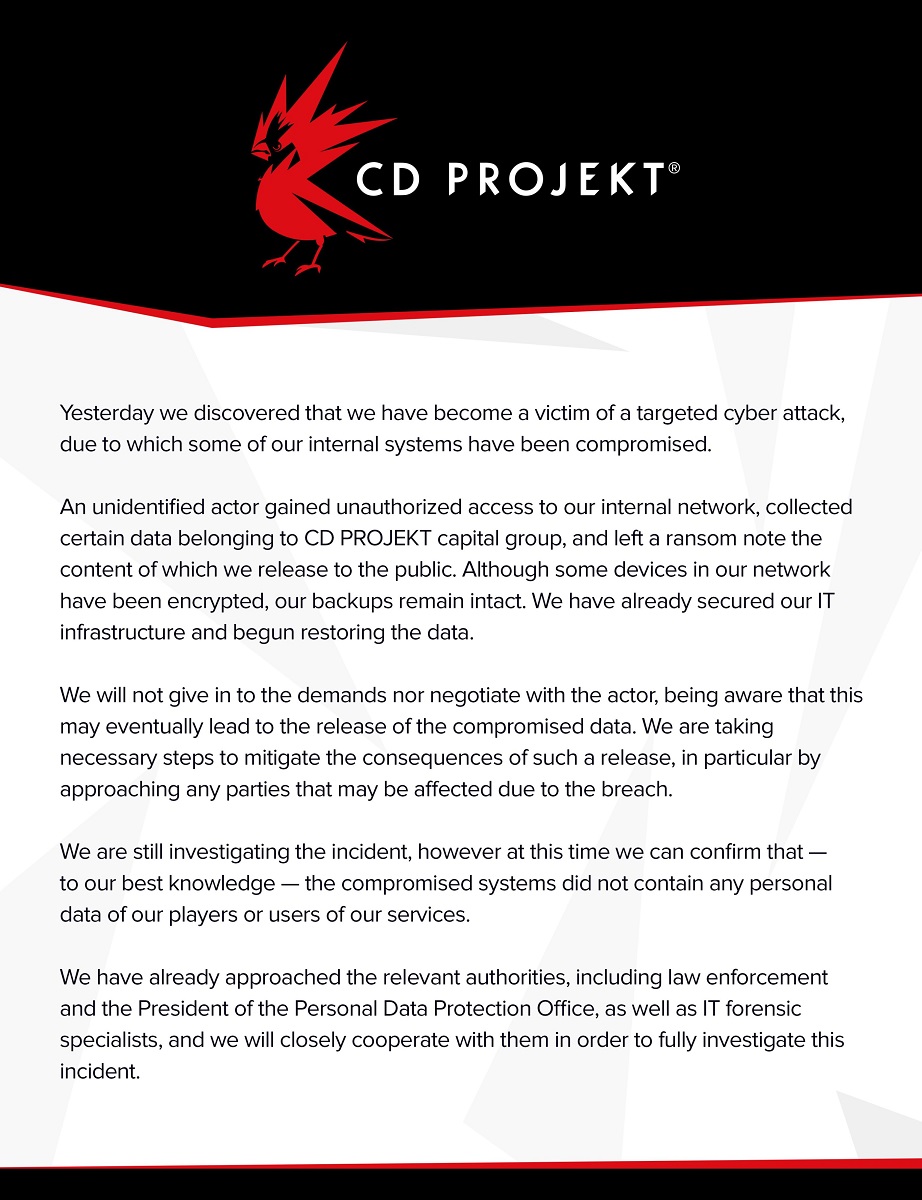 CD Projekt RED подверглась взлому. Хакеры угрожают публикацией исходных кодов  игр / Новости / Overclockers.ua