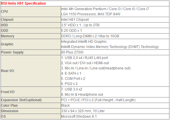 Barebone MSI Hetis H81 - характеристики