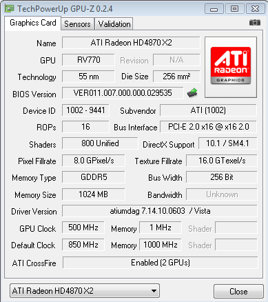 Diamond Radeon 4870 X2 2GB (разгон, скриншот GPU-Z)