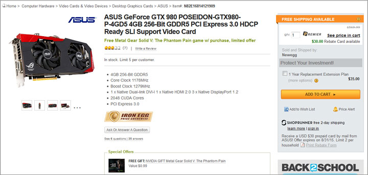 Asus GeForce GTX 980 Poseidon @Newegg