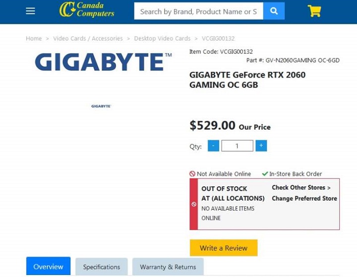 Gigabyte GeForce RTX 2060 Gaming OC 6GB