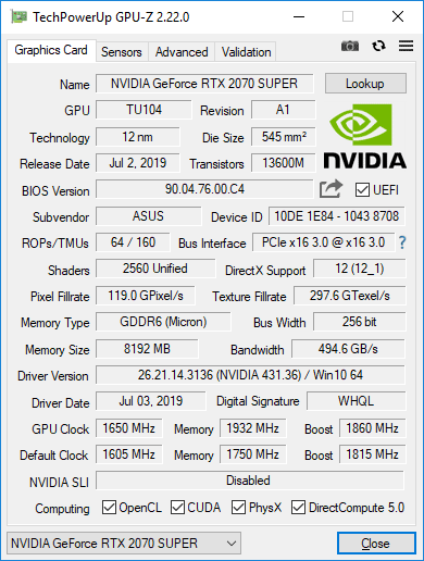 ASUS DUAL-RTX2070S-O8G-EVO