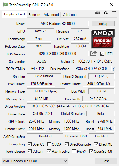 ASUS DUAL-RX6600-O8G