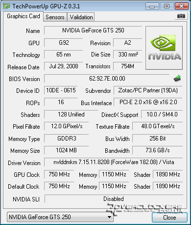 Характеристики ZOTAC GeForce GTS 250 AMP! 1GB