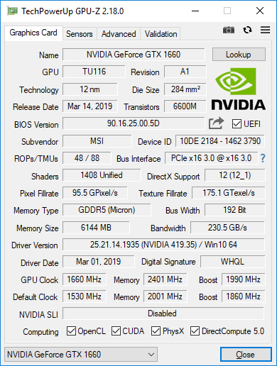 MSI GeForce GTX 1660 Gaming X 6G