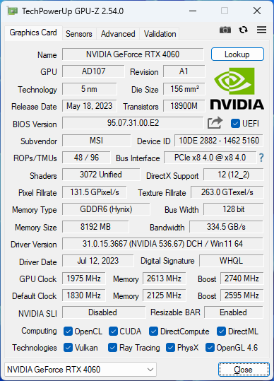 MSI GeForce RTX 4060 Gaming X 8G