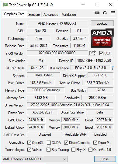 MSI Radeon RX 6600XT Gaming X 8G
